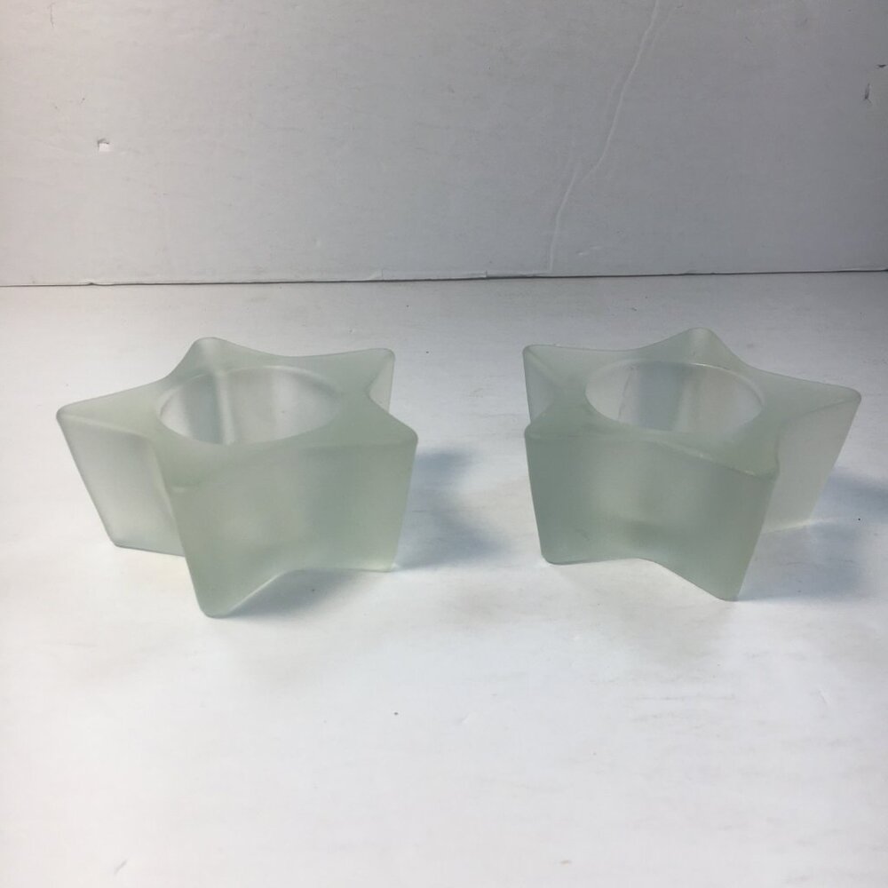 Ikea 2 Star Shaped Frosted Glass Candle Tea Light Holders 1.5" High 3" Diameter